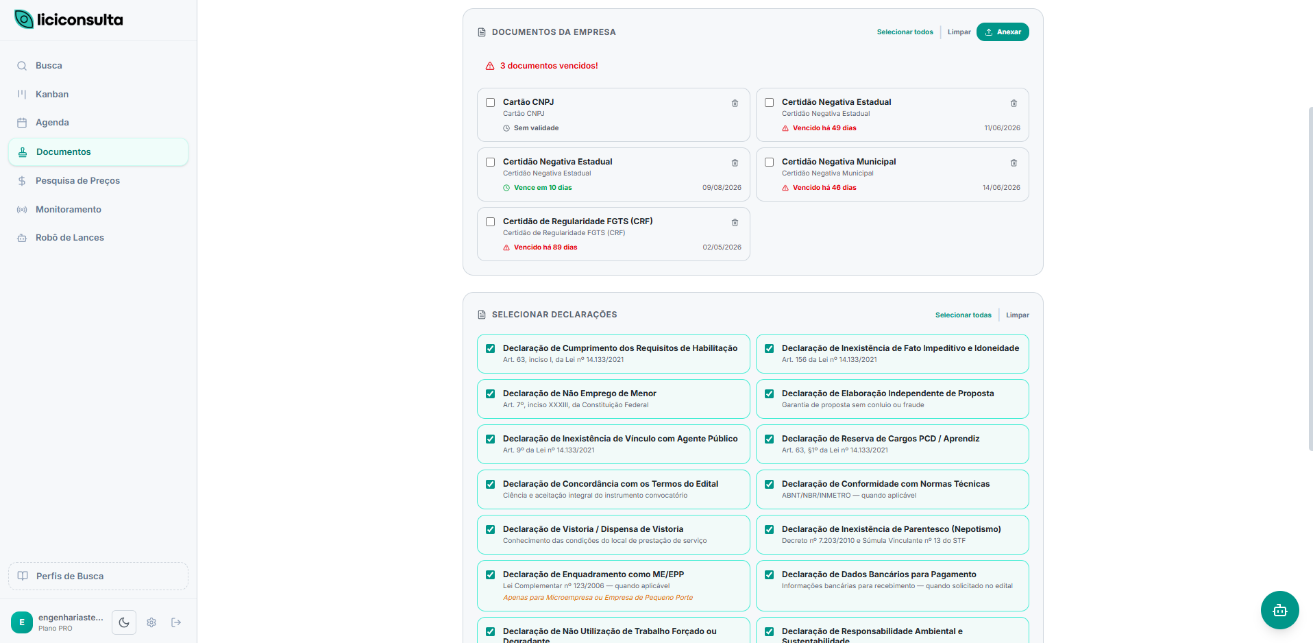 Controle de documentos e declarações