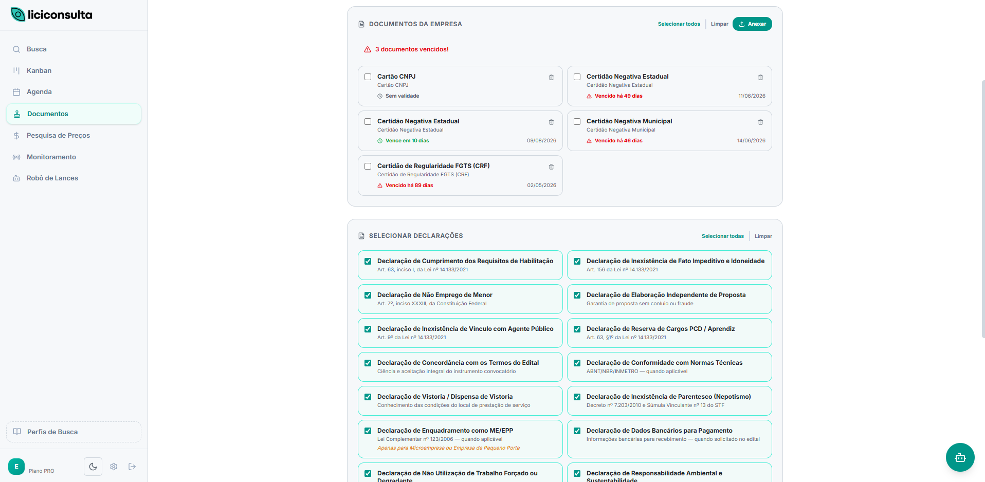 Controle de documentos e declarações