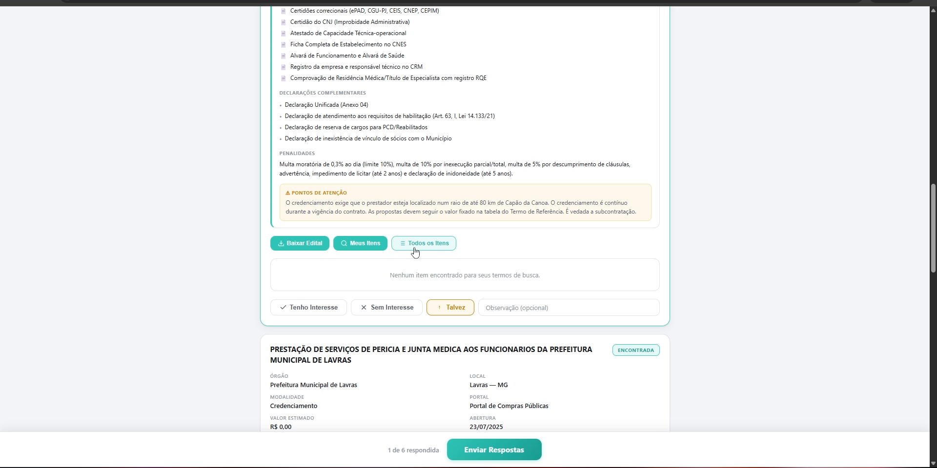 Página do cliente com seleção de interesse